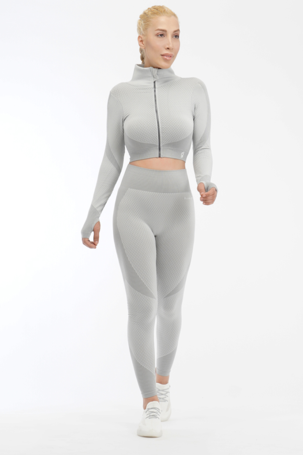 Women Seamless Workout Outfits 2pcs Sport Long Sleeve Zipper And Legging White Gray