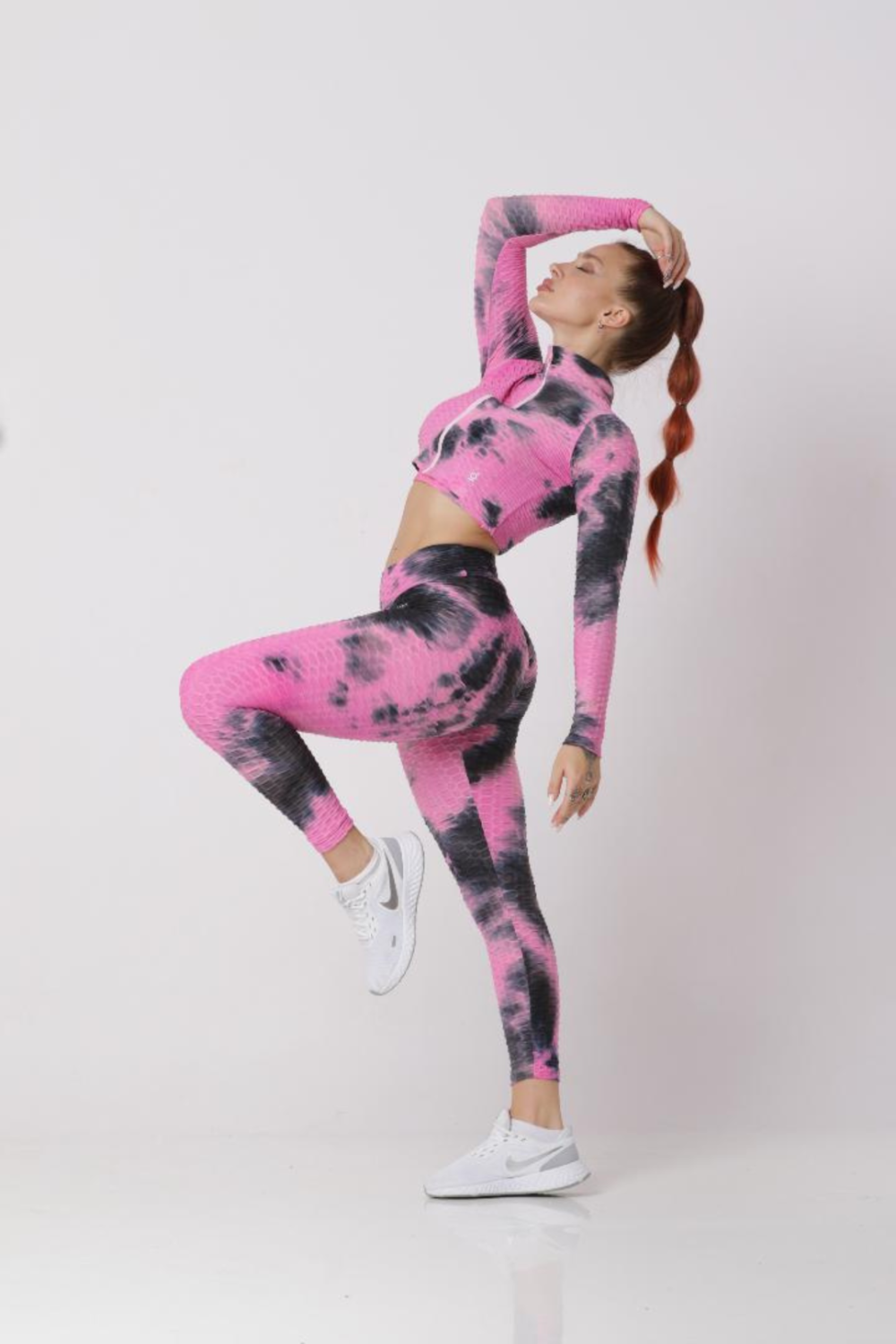 Women Soft Compression Seamless Tie Dye High Waist Leggings Bra and Jacket Set Pink & Black