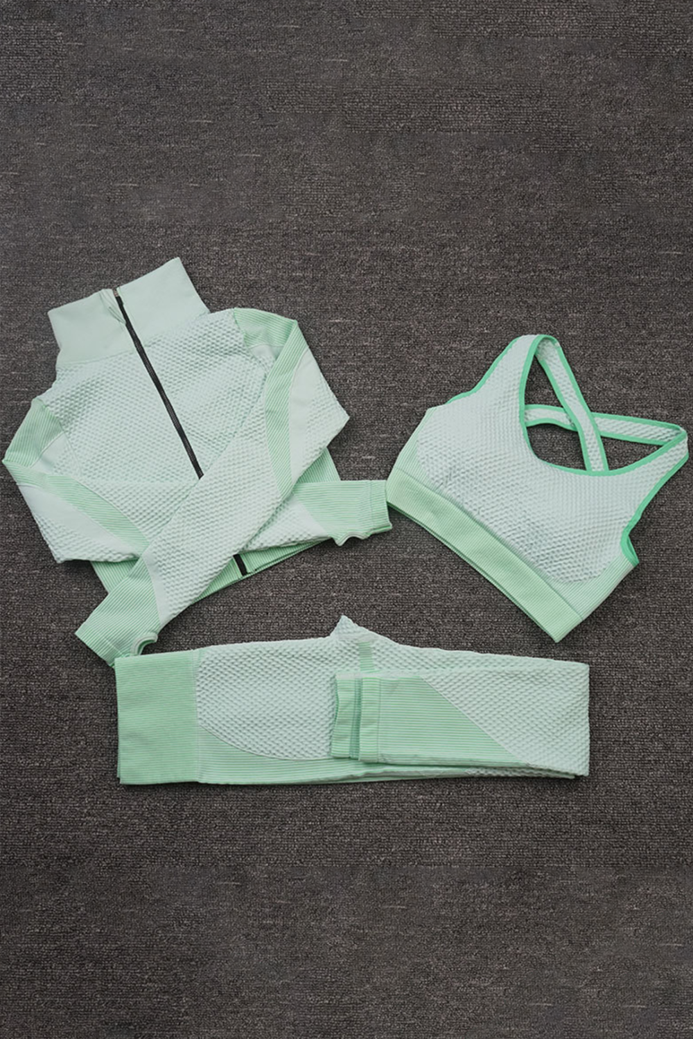 Samless Women 3pcs Yoga Sets Fitness Sport Suit Long Sleeve Zipper with Sport Bra & Leggings Pants Green