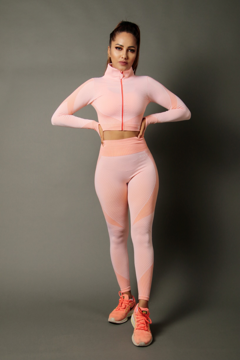 Women Seamless Workout Outfits 2pcs Sport Long Sleeve Zipper And Legging Pink