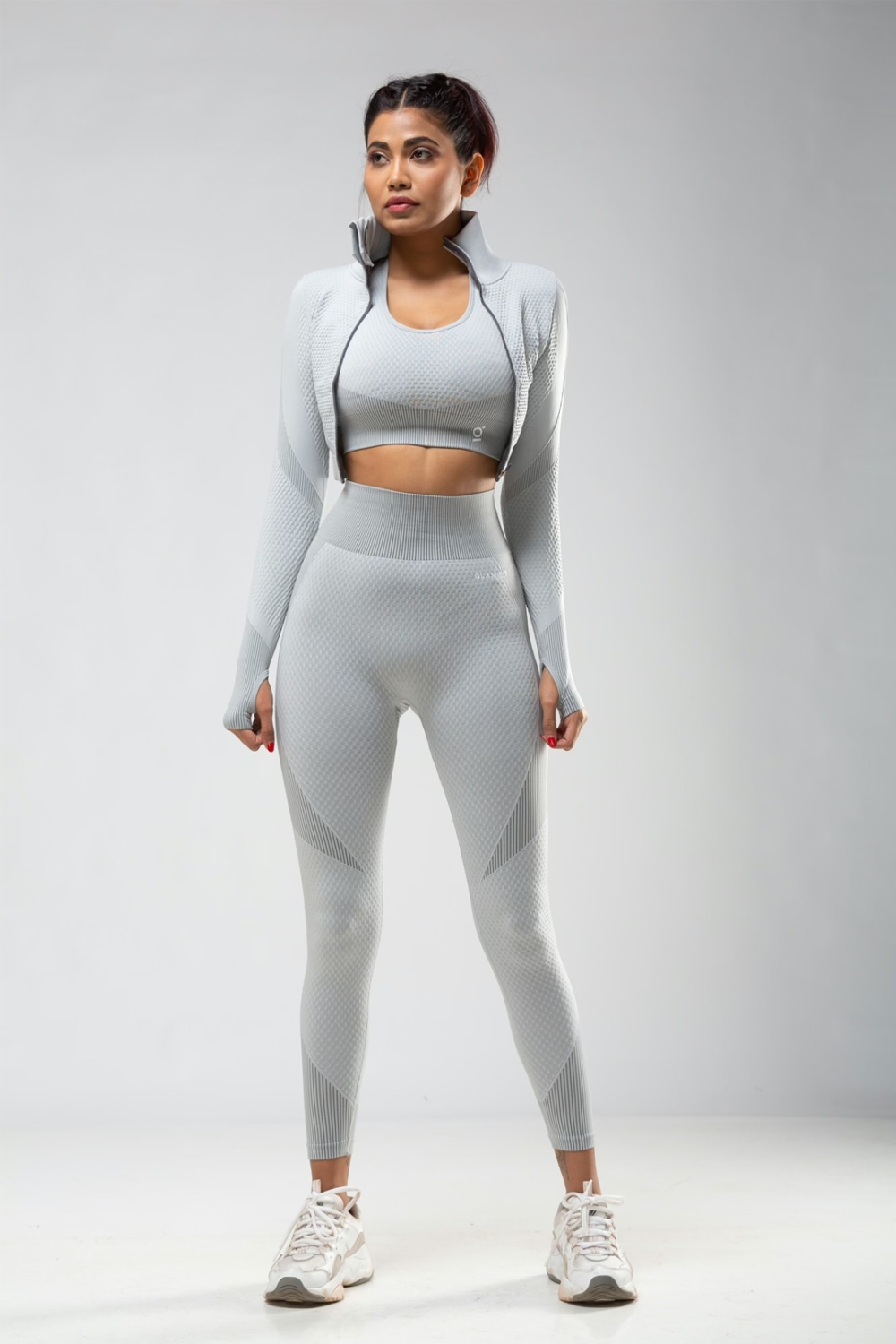 Samless Women 3pcs Yoga Sets Fitness Sport Suit Long Sleeve Zipper with Sport Bra & Leggings Pants White & Grey