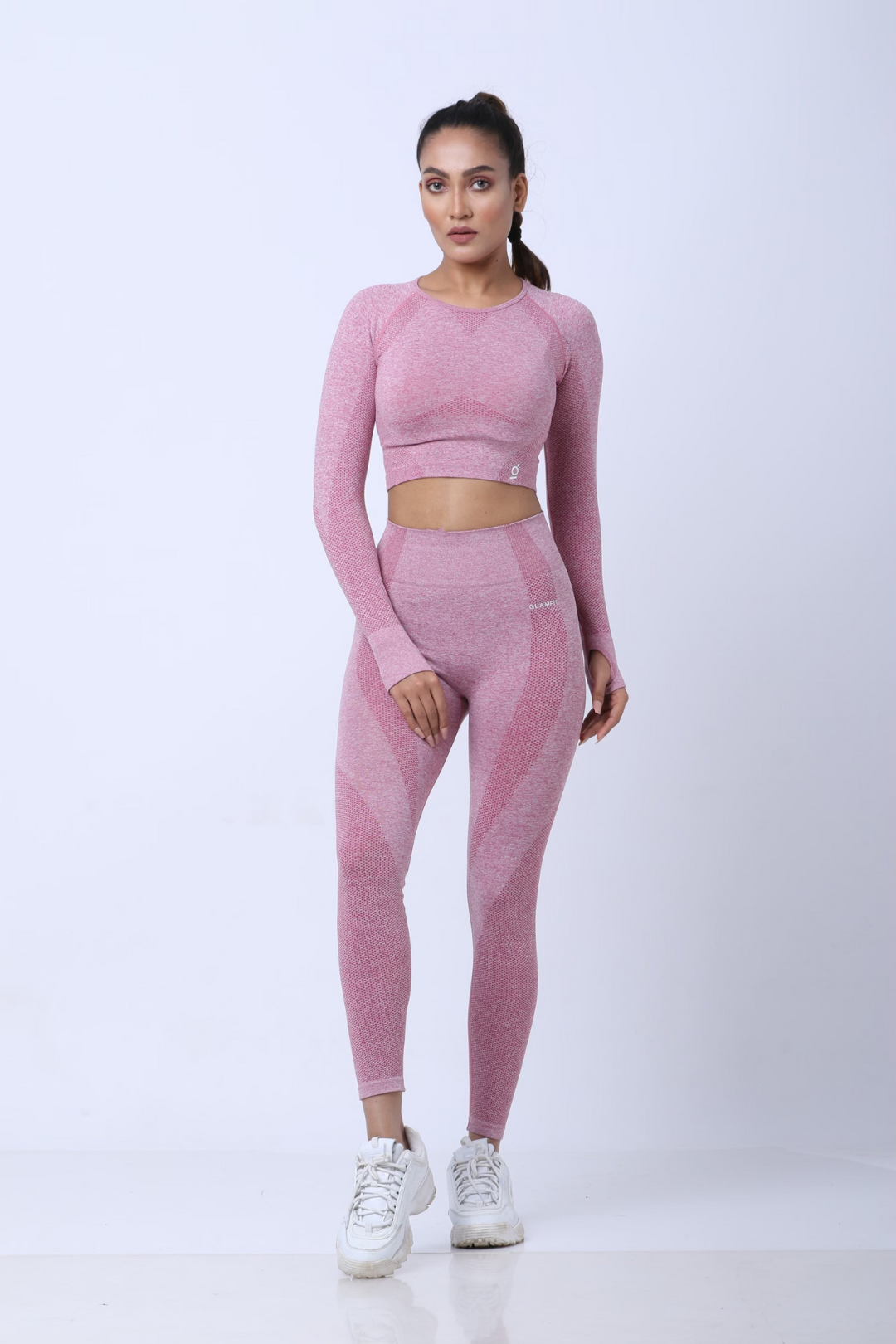 Women Seamless Workout Outfits Sport Long Sleeve And Legging Pink Plain