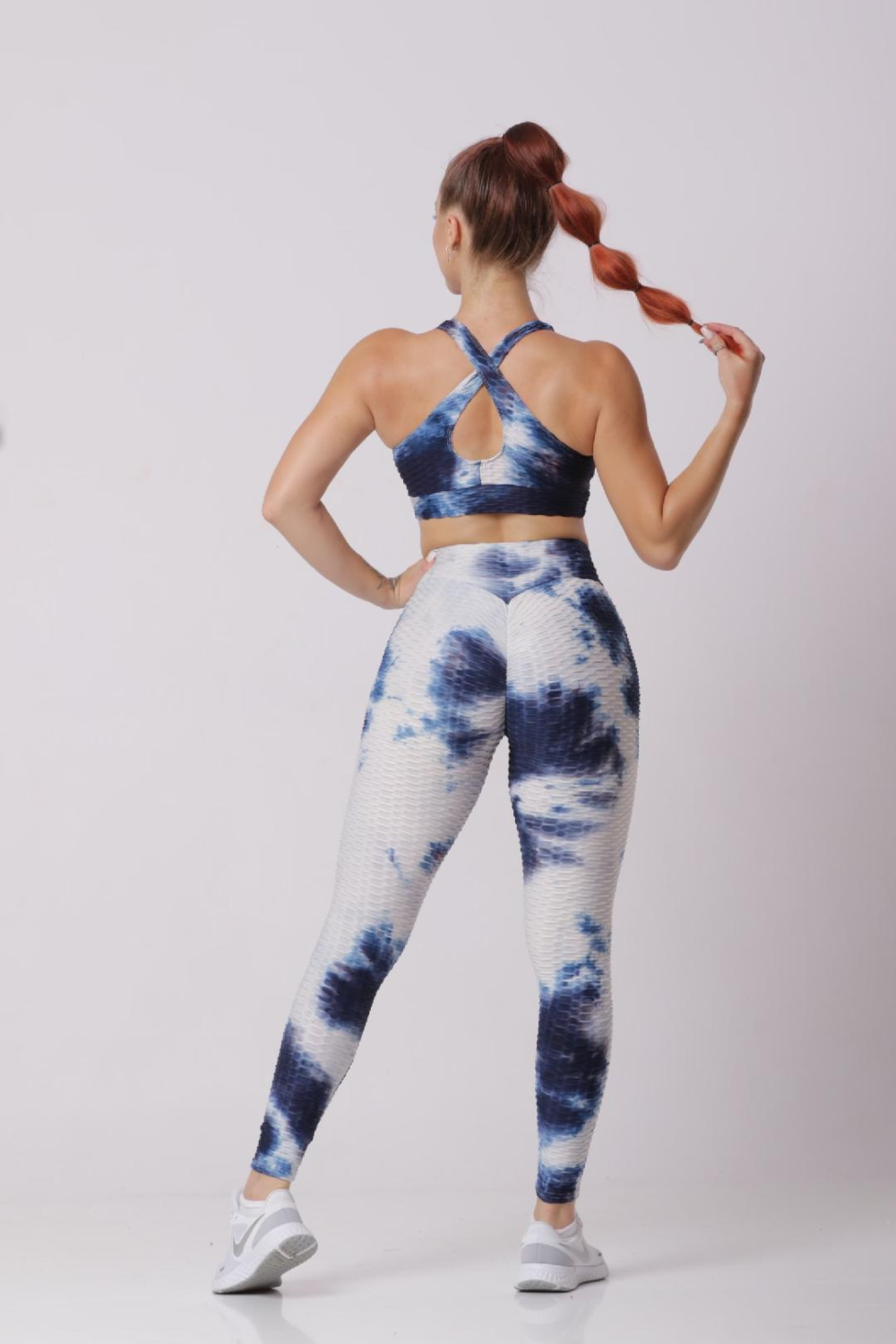 Women Soft Compression Seamless Tie Dye High Waist Leggings Bra and Jacket Set Light Blue and White