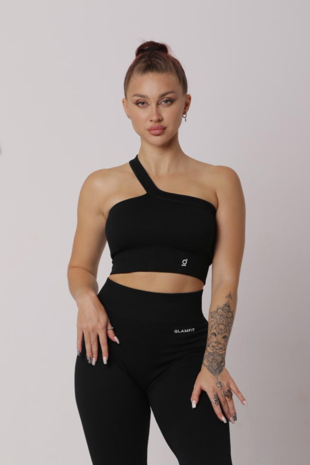 Women Casual Outfits High Waist Leggings With One Shoulder Sport Bra Black