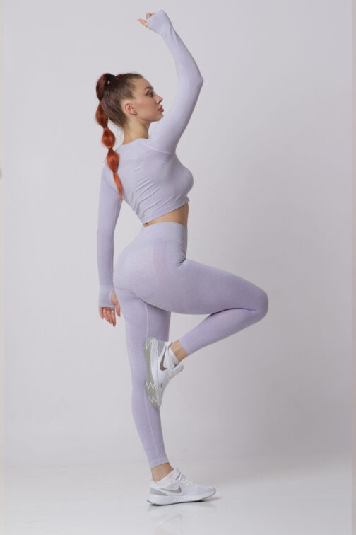 Women Seamless Workout Outfits Sport Long Sleeve And Legging Light Purple