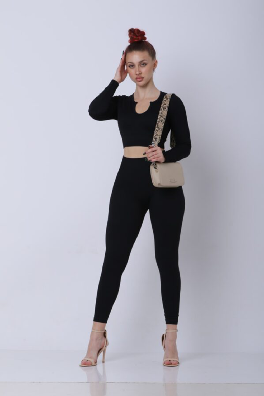 Women Casual Outfits Long Sleeve And High Waist  Leggings With Crop Top Black