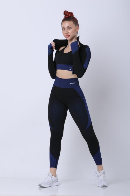 Samless Women 3pcs Yoga Sets Fitness Sport Suit Long Sleeve Zipper with Sport Bra & Leggings Pants Black and Blue