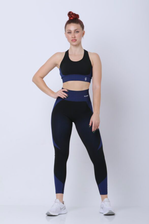 Samless Women 3pcs Yoga Sets Fitness Sport Suit Long Sleeve Zipper with Sport Bra & Leggings Pants Black and Blue