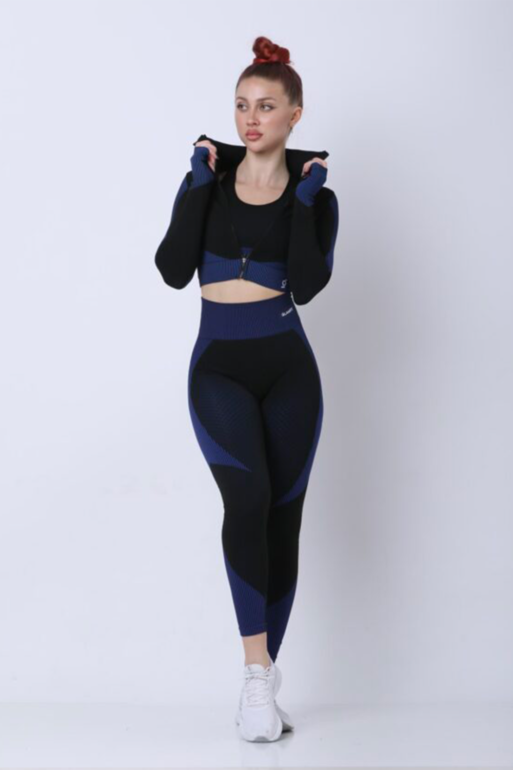 Seamless Women 3pcs Yoga Sets Fitness Sport Suit Long Sleeve Zipper with Sport Bra & Leggings Pants Black and Blue