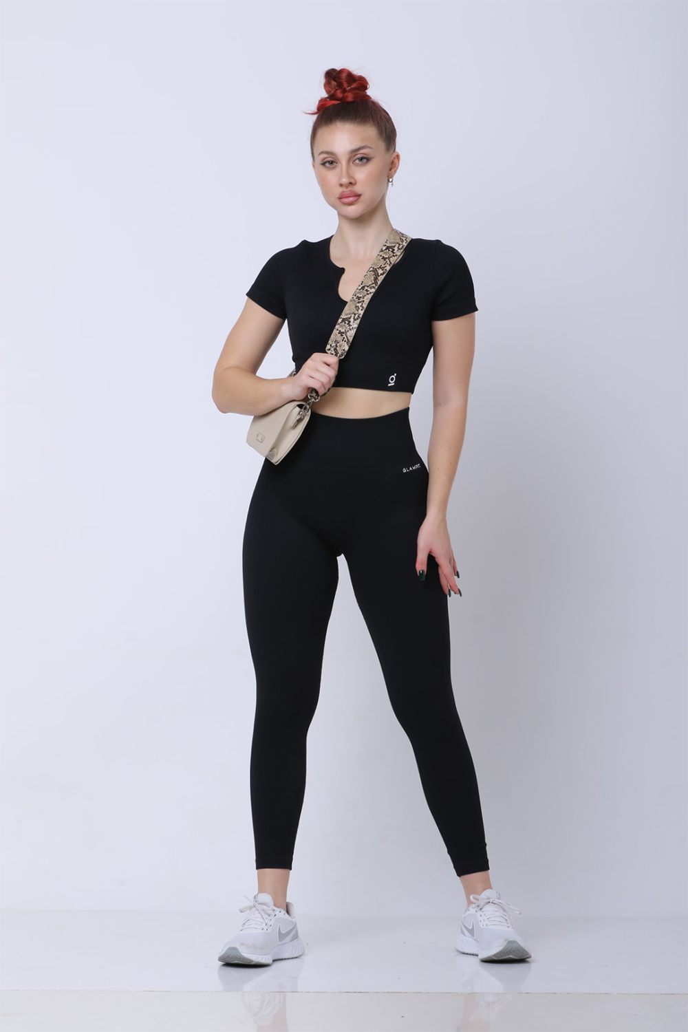 Women Casual Outfits Long Sleeve And High Waist  Leggings With Crop Top Black