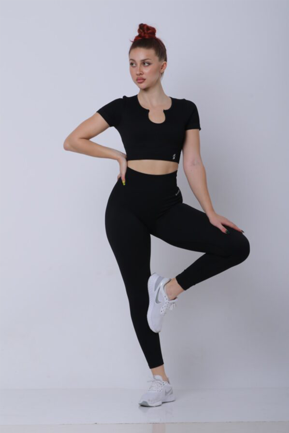 Women Casual Outfits Long Sleeve And High Waist  Leggings With Crop Top Black