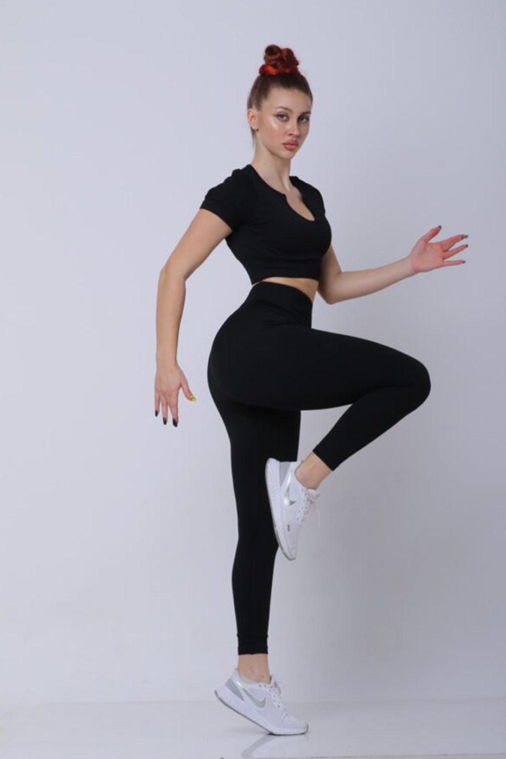 Women Casual Outfits Long Sleeve And High Waist  Leggings With Crop Top Black