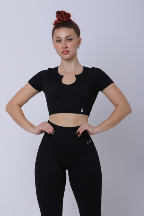 Women Casual Outfits Long Sleeve And High Waist  Leggings With Crop Top Black
