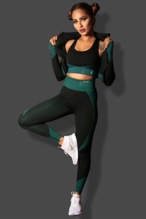 Samless Women 3pcs Yoga Sets Fitness Sport Suit Long Sleeve Zipper with Sport Bra & Leggings Pants Black & Turquoise Green