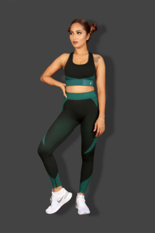 Samless Women 3pcs Yoga Sets Fitness Sport Suit Long Sleeve Zipper with Sport Bra & Leggings Pants Black & Turquoise Green