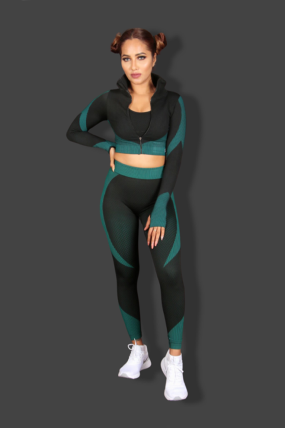 Seamless Women 3pcs Yoga Sets Fitness Sport Suit Long Sleeve Zipper with Sport Bra & Leggings Pants Black & Turquoise Green