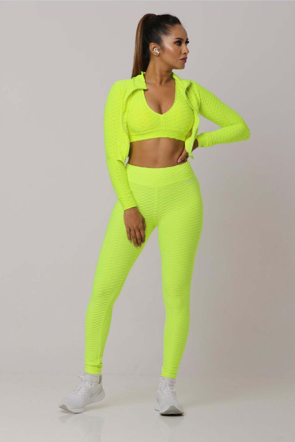 Women Soft Compression Seamless High Waist Leggings Bra and Jacket Set Neon