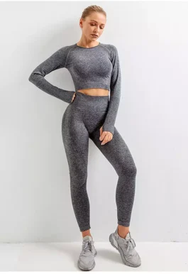 Women Seamless Workout Outfits Sport Long Sleeve And Legging Grey Plain