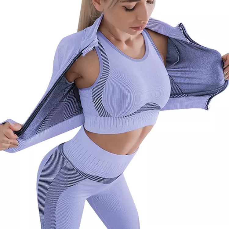  Womens Workout Sets 2 Piece - Seamless Yoga Leggings And  Zipper Jacket Crop Top Gym Outfits Activewear Matching Set - Purple Large