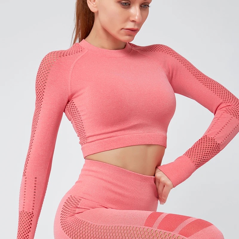 Women Seamless Workout Outfits Sport Long Sleeve And Legging Peach Net