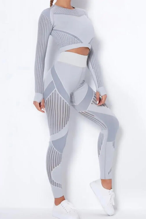 Women Seamless Workout Outfits Sport Long Sleeve And Leggings Light Grey