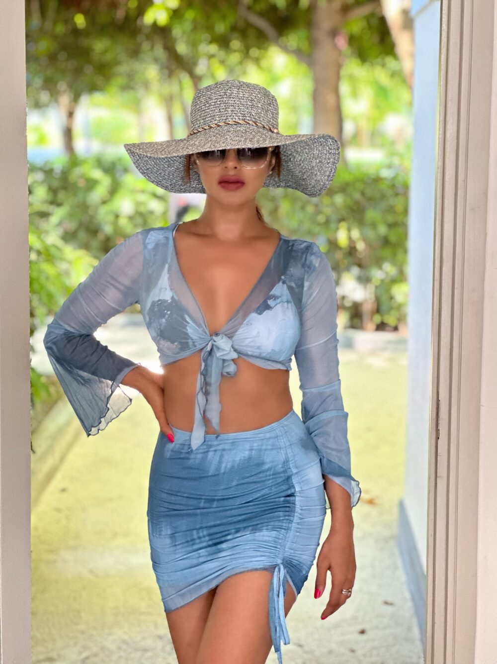 Women 2 Piece Bikini & Skirt Set Grey Blue