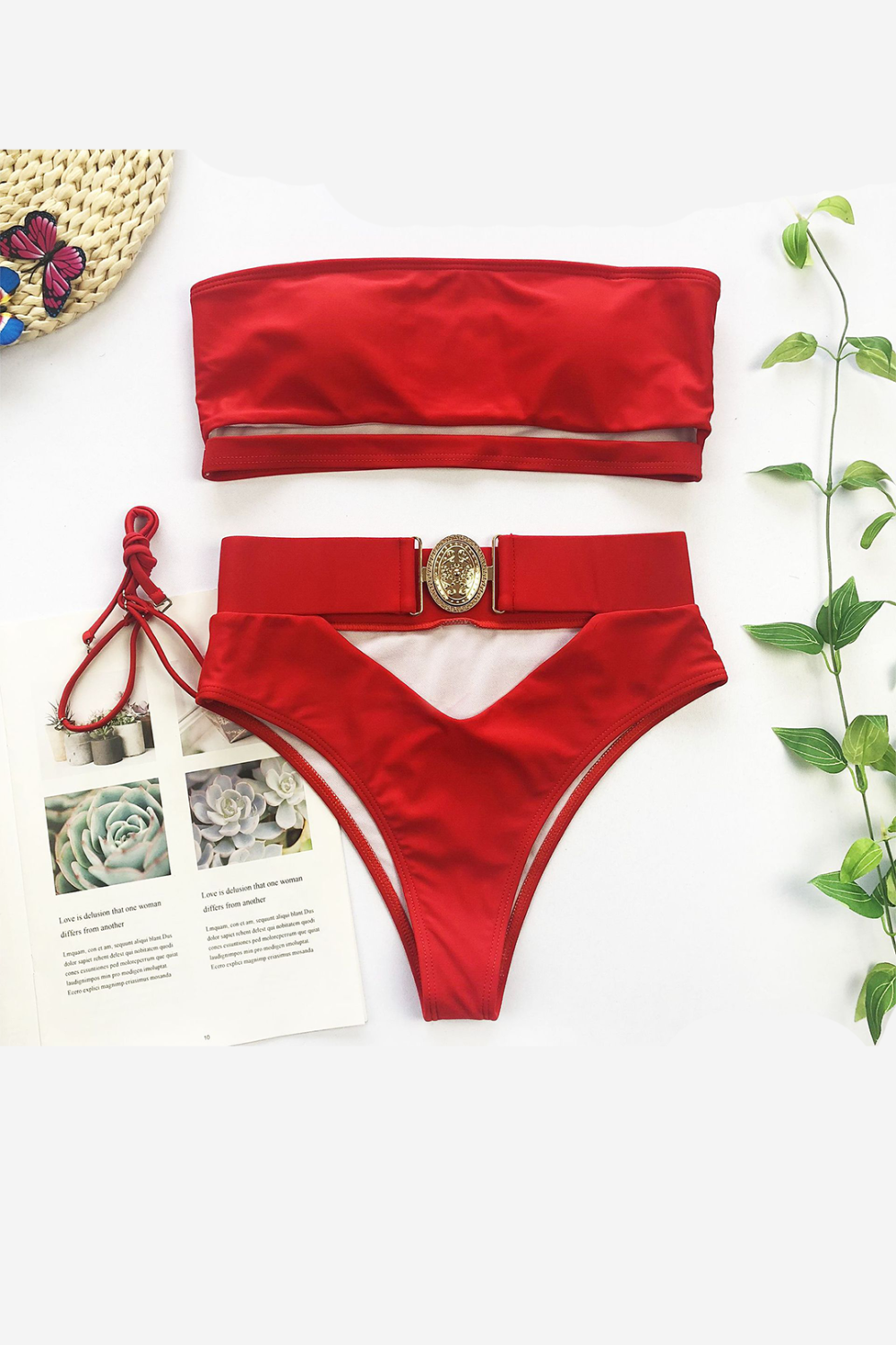 Women Clothing Summer Bikini Solid Swimwear Hollow Out High Waist Sexy Beach Swimwear set Red