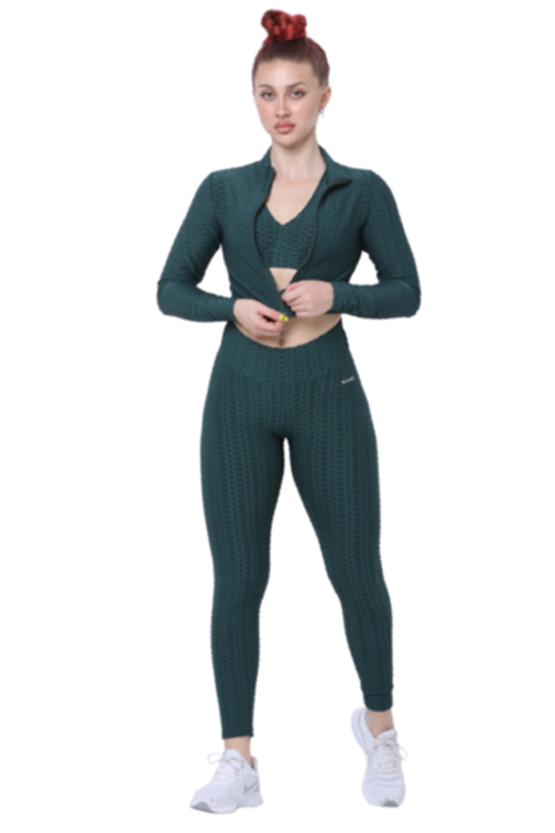 Samless Women 3pcs Yoga Sets Fitness Sport Suit Long Sleeve Zipper with Sport Bra & Leggings Pants Teal