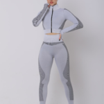 Samless Women 3pcs Yoga Sets Fitness Sport Suit Long Sleeve Zipper with Sport Bra & Leggings Pants Light Grey