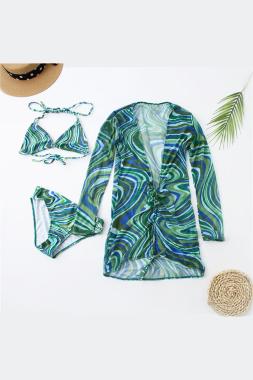 Swimwear cover up women mesh 3 pieces set bandage dress see through bikini Green