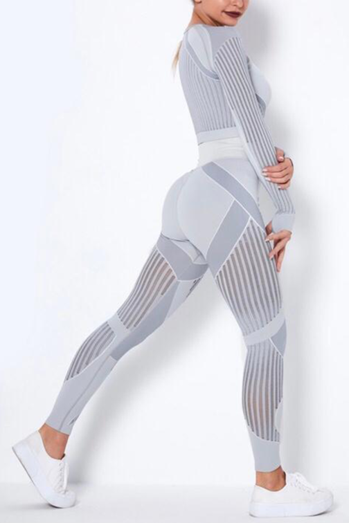 Women Seamless Workout Outfits Sport Long Sleeve And Leggings Grey