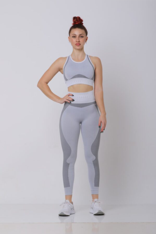Samless Women 3pcs Yoga Sets Fitness Sport Suit Long Sleeve Zipper with Sport Bra & Leggings Pants Light Grey