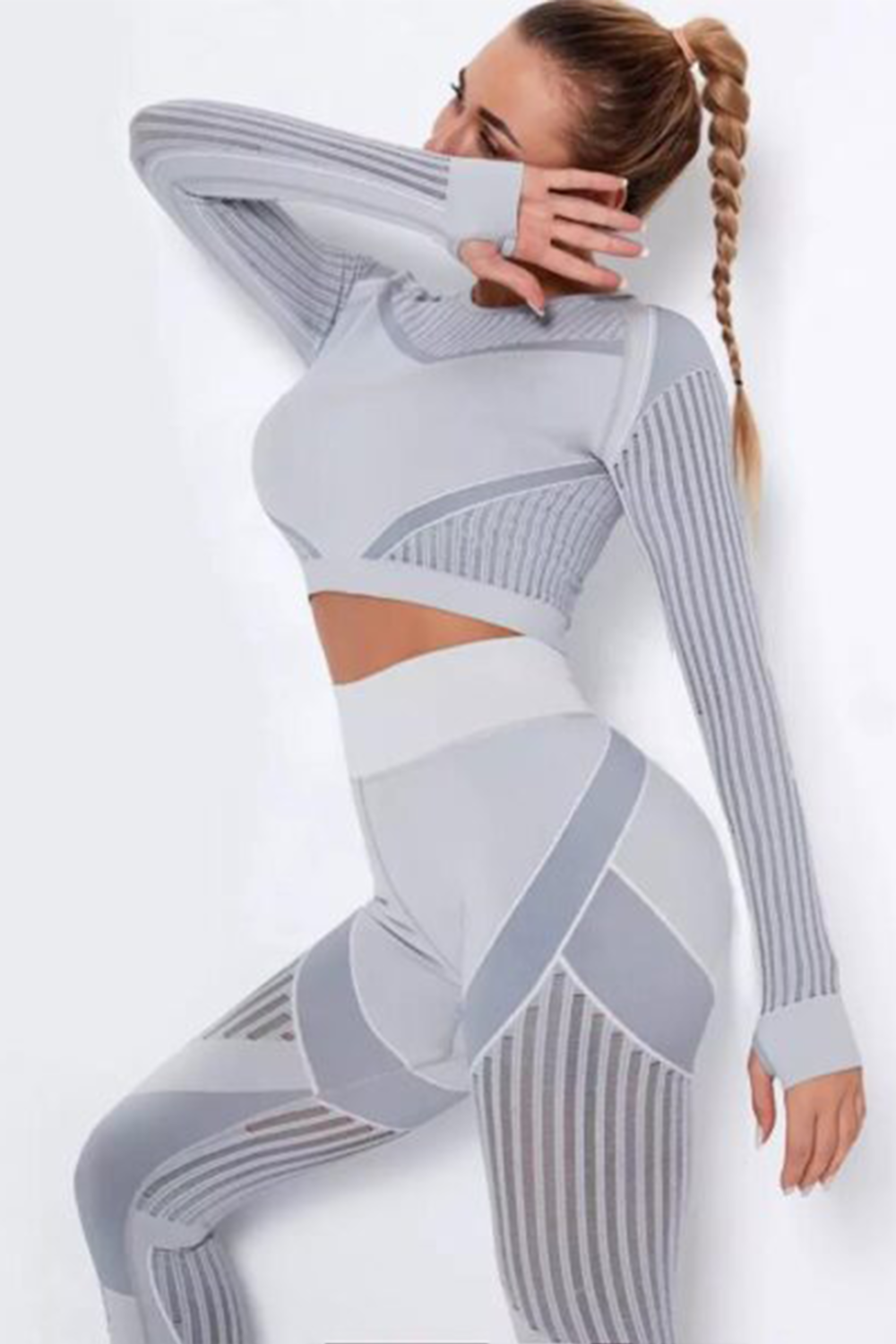 Women Seamless Workout Outfits Sport Long Sleeve And Leggings Grey