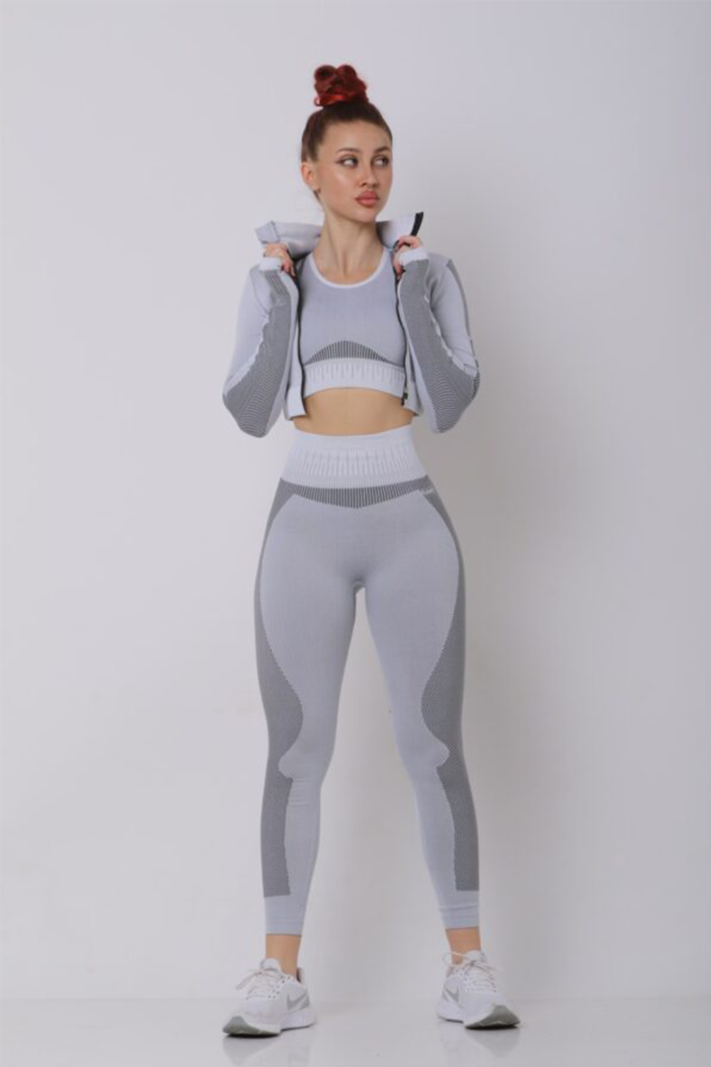 Samless Women 3pcs Yoga Sets Fitness Sport Suit Long Sleeve Zipper with Sport Bra & Leggings Pants Light Grey