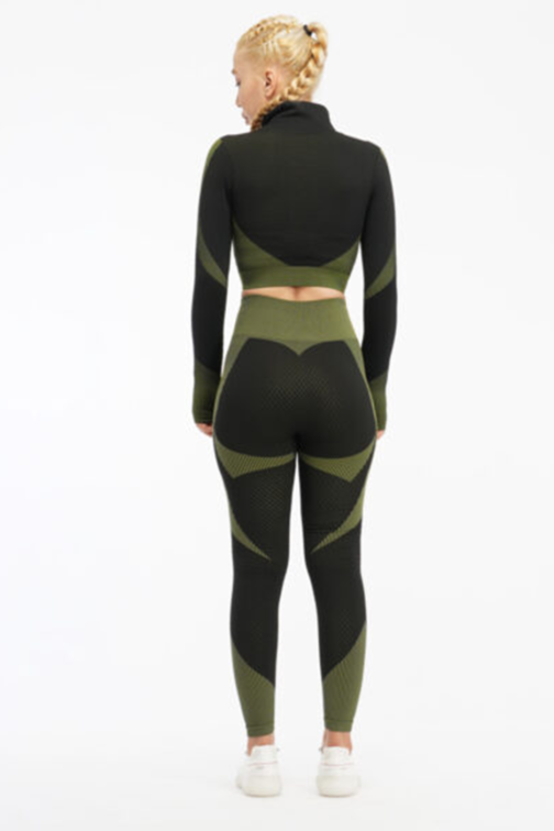 Women Seamless Workout Outfits 2pcs Sport Long Sleeve Zipper And Legging Green Black