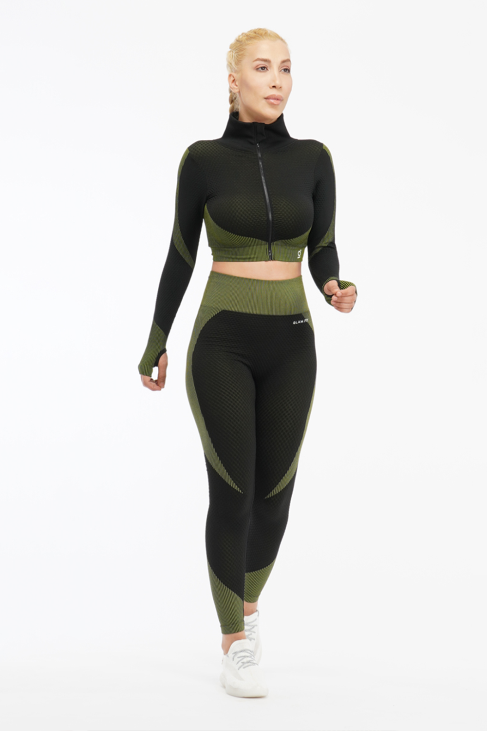 Women Seamless Workout Outfits 2pcs Sport Long Sleeve Zipper And Legging Green Black