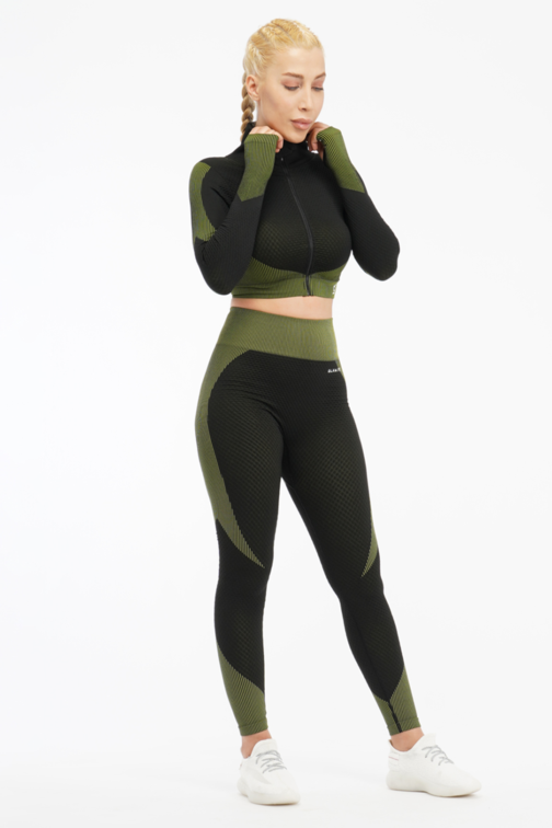 Women Seamless Workout Outfits 2pcs Sport Long Sleeve Zipper And Legging Green Black