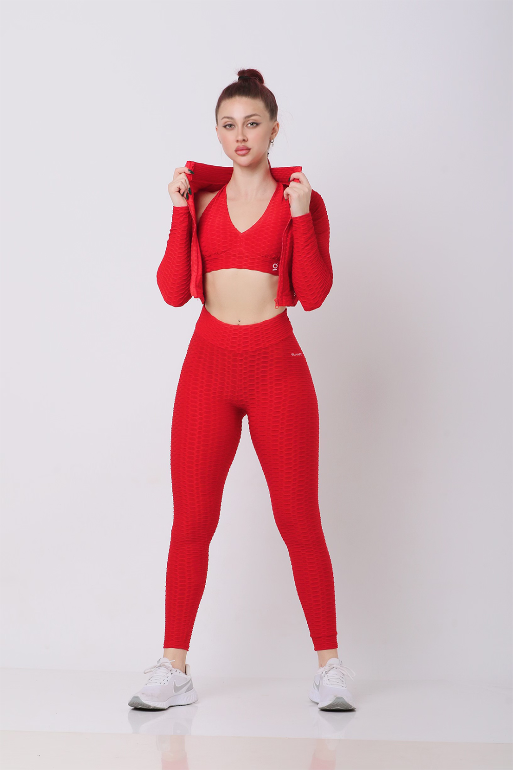 Samless Women 3pcs Yoga Sets Fitness Sport Suit Long Sleeve Zipper with Sport Bra & Leggings Pants Plain Red