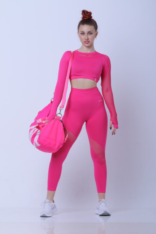 Women Seamless Workout Outfits Sport Long Sleeve And Leggings Hot Pink
