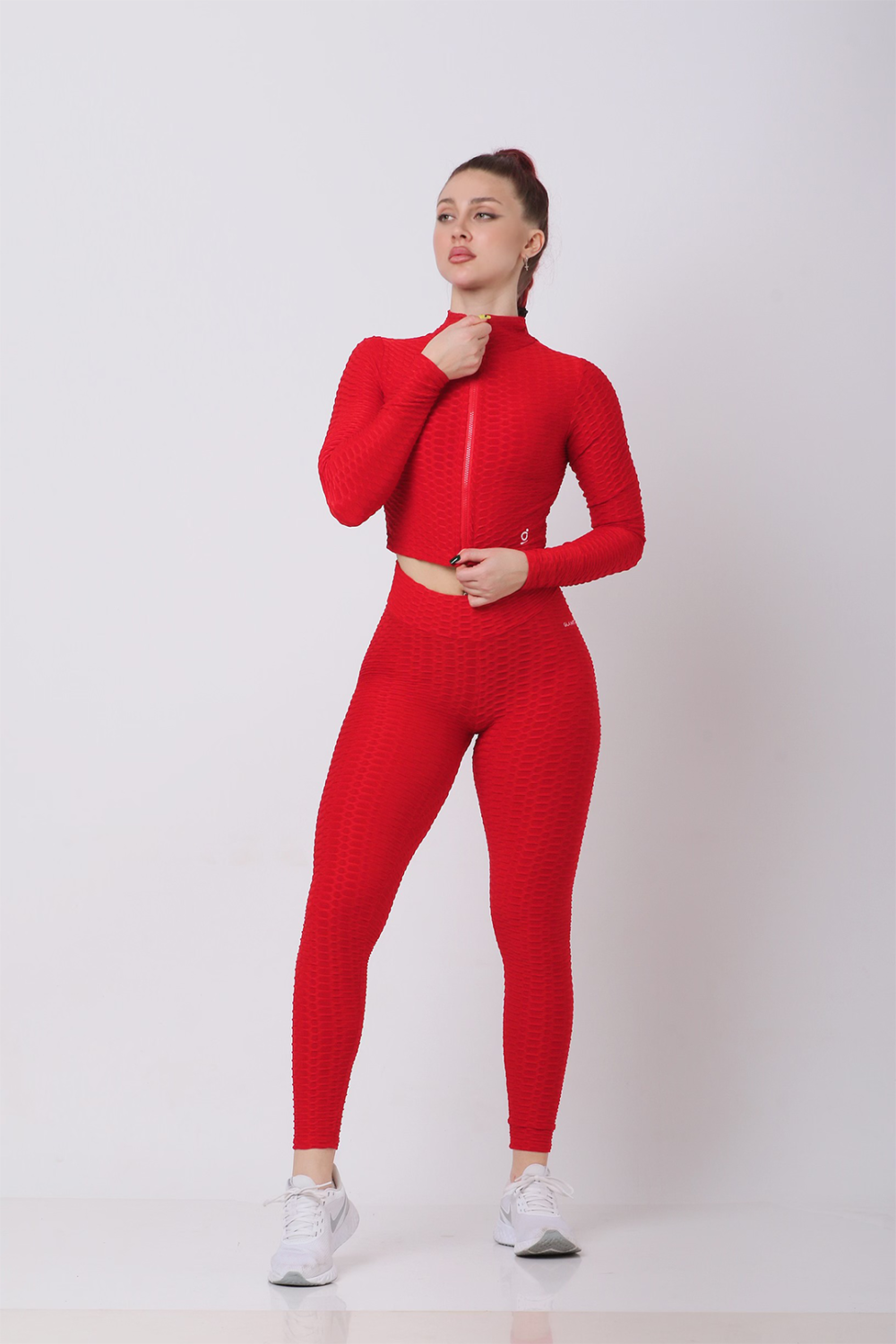 Samless Women 3pcs Yoga Sets Fitness Sport Suit Long Sleeve Zipper with Sport Bra & Leggings Pants Plain Red