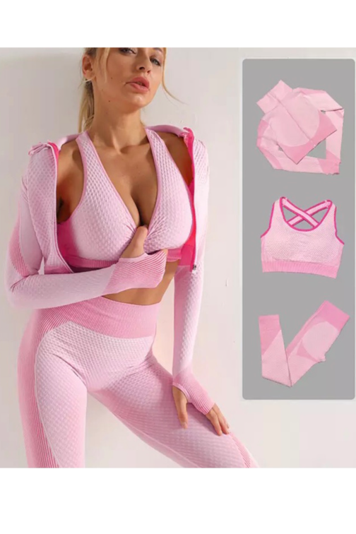 Samless Women 3pcs Yoga Sets Fitness Sport Suit Long Sleeve Zipper with Sport Bra & Leggings Pants Pink