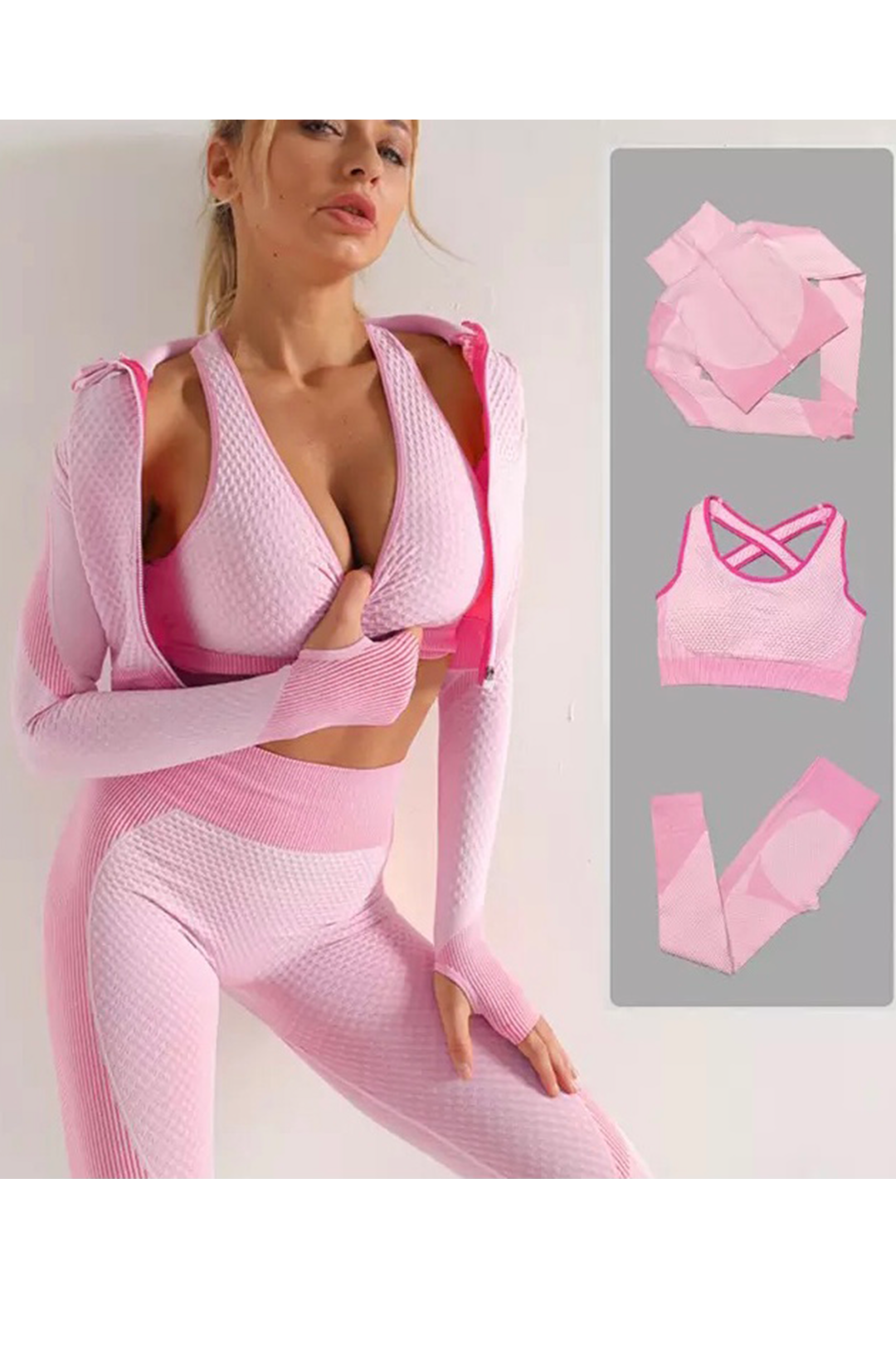 Women's Workout Outfit 3 Pieces Tracksuit-Seamless Hip Lift Yoga Leggings  and Stretch Sports Bra Gym Clothes Set
