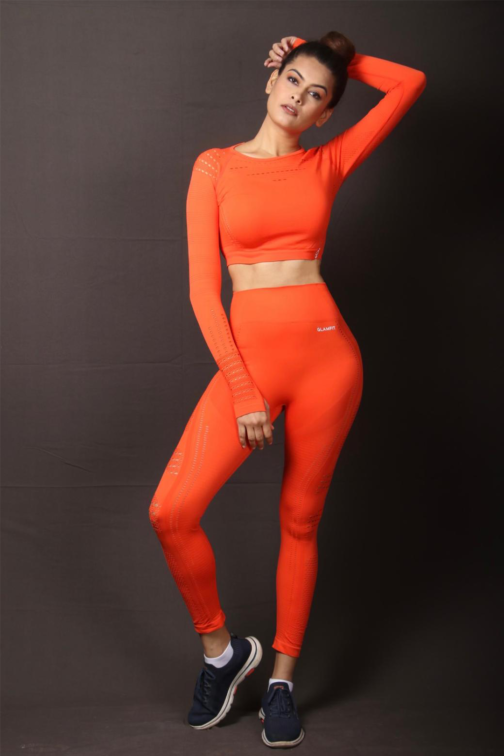 Women Seamless Workout Outfits Sport Long Sleeve And Legging Orange