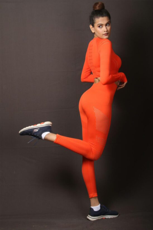 Women Seamless Workout Outfits Sport Long Sleeve And Legging Orange