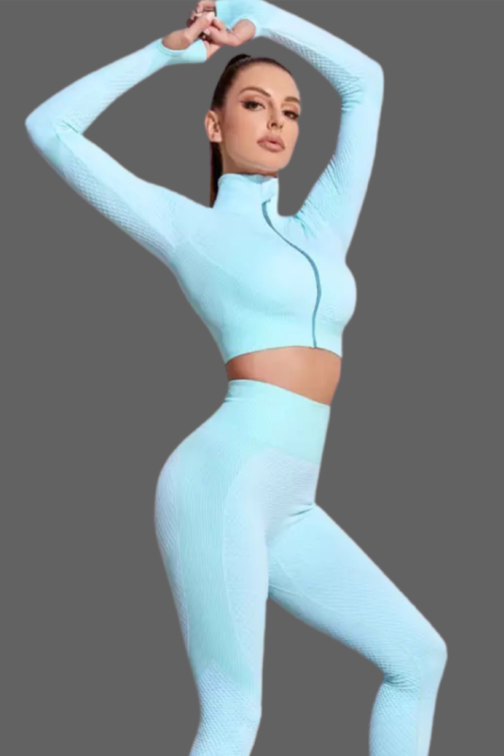 Samless Women 3pcs Yoga Sets Fitness Sports Suit Long Sleeve Zipper with Sport Bra & Leggings Pants Blue