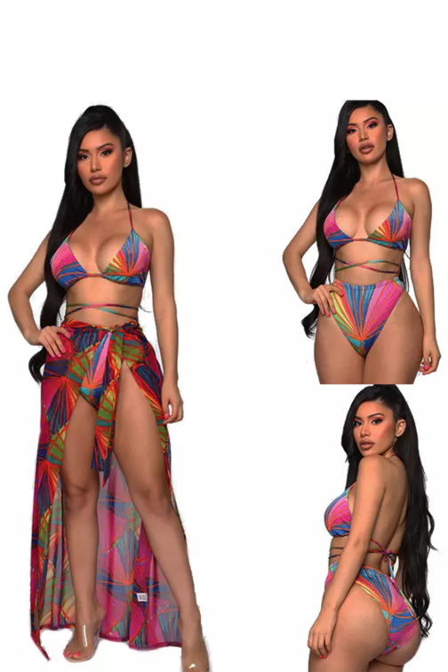 Women Print Bandage Three Piece Cover Up For Bikini Cover up
