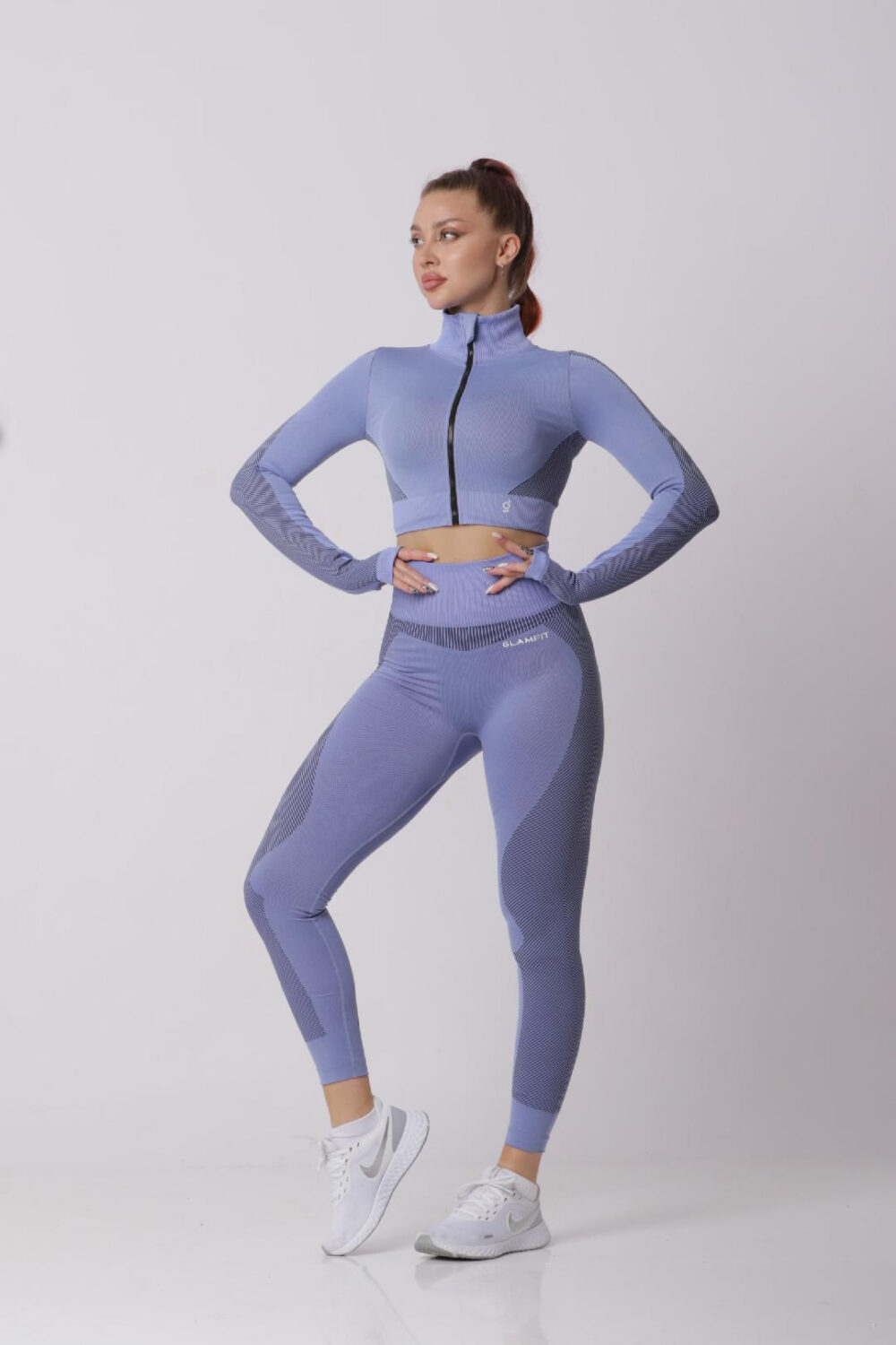 Samless Women 3pcs Yoga Sets Fitness Sport Suit Long Sleeve Zipper with Sport Bra & Leggings Pants LightBlue