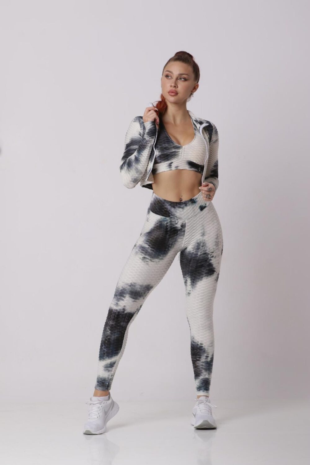 Women Soft Compression Seamless Tie Dye High Waist Leggings Bra and Jacket Set Light Black & White