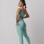 Women Soft Compression Seamless High Waist Leggings Bra and Jacket Set Light Turquoise