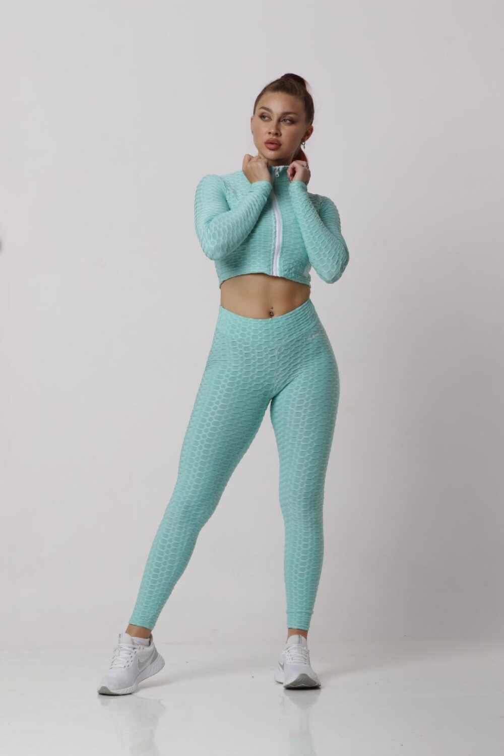 Women Soft Compression Seamless High Waist Leggings Bra and Jacket Set Light Turquoise